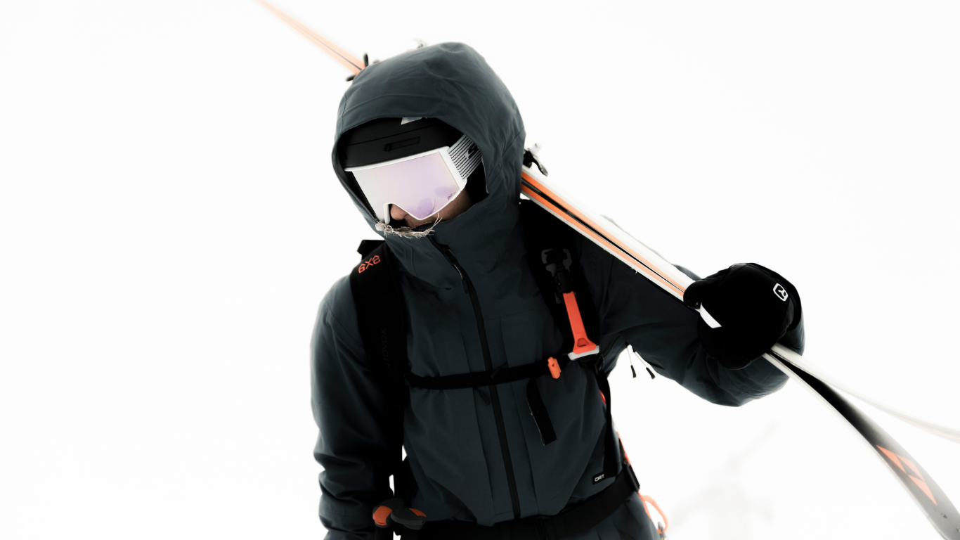 skiing, ski jacket, goggles, ski poles, backpack