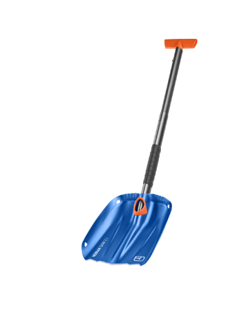 Shovel-Pocket-Spike 1 snow shovel, kidney shovel, blue shovel, orange handle, adjustable shaft