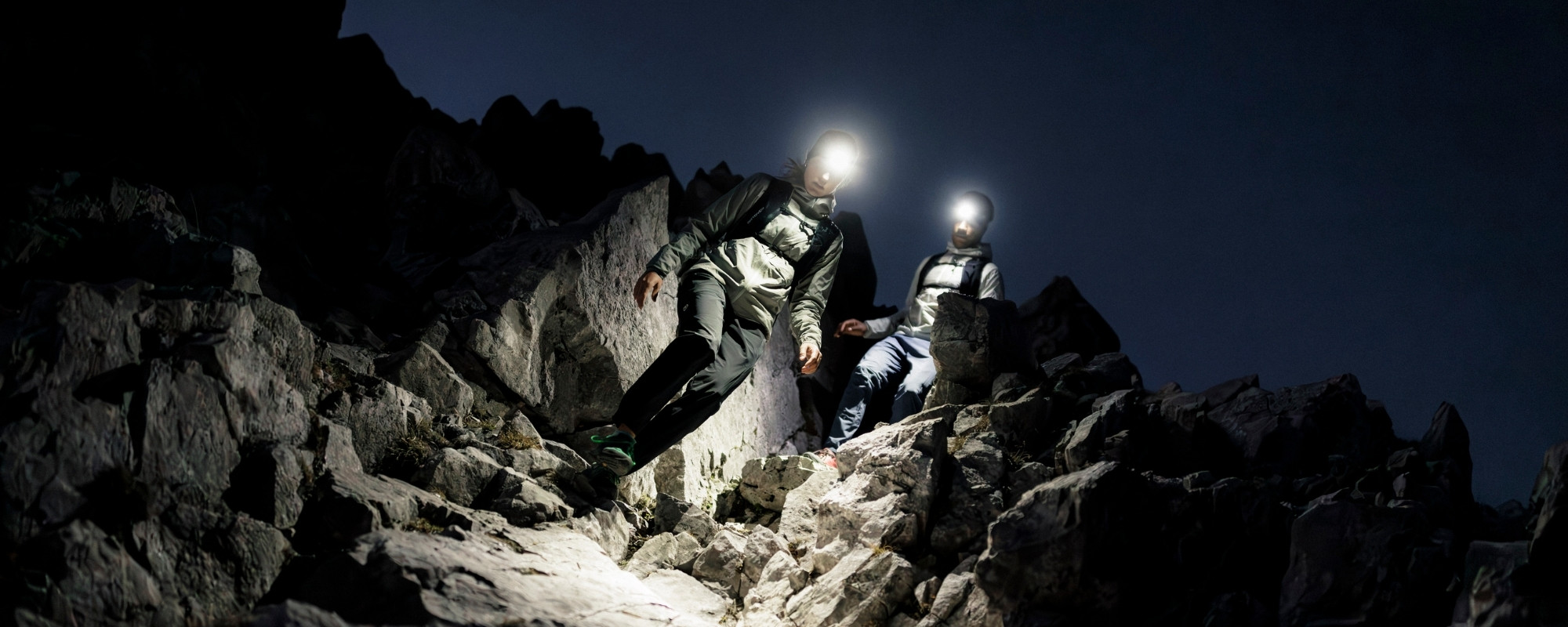 hiking, rocky terrain, night, headlamp, outdoor gear