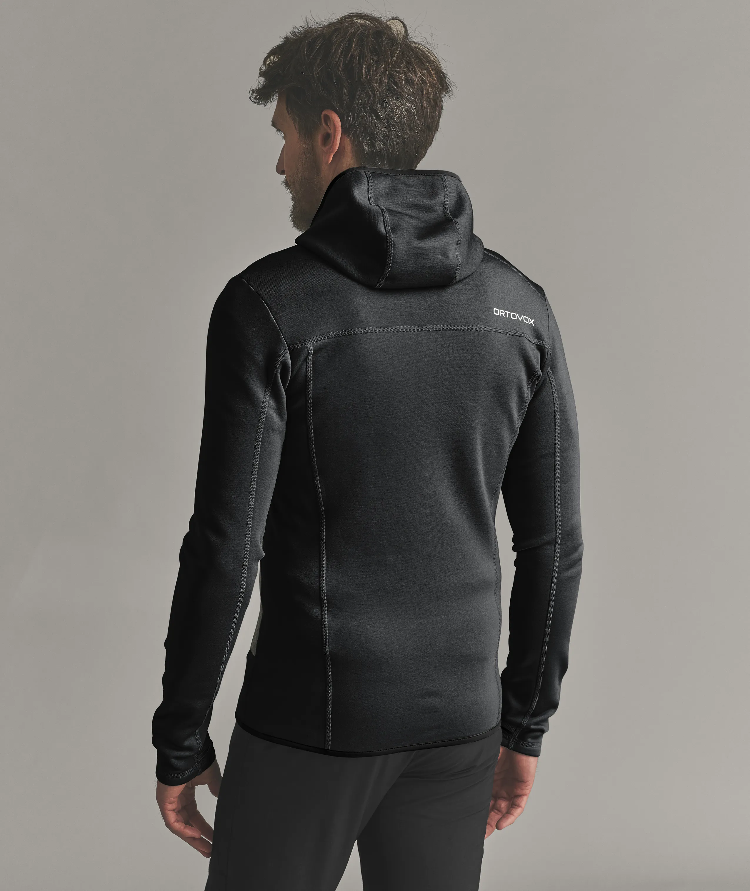 FLEECE HOODY M hoodie, hooded, black, fleece, back view