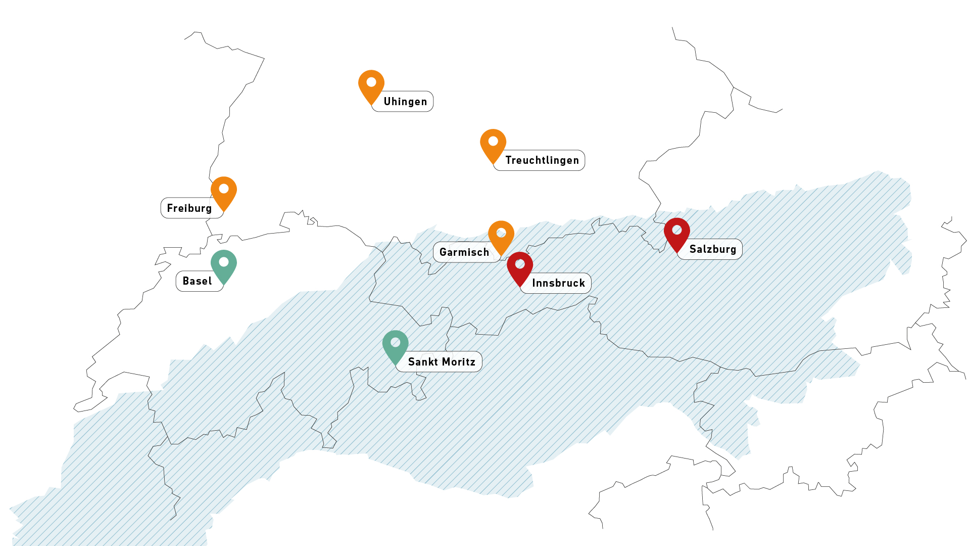 map, locations, Switzerland, Austria, cities