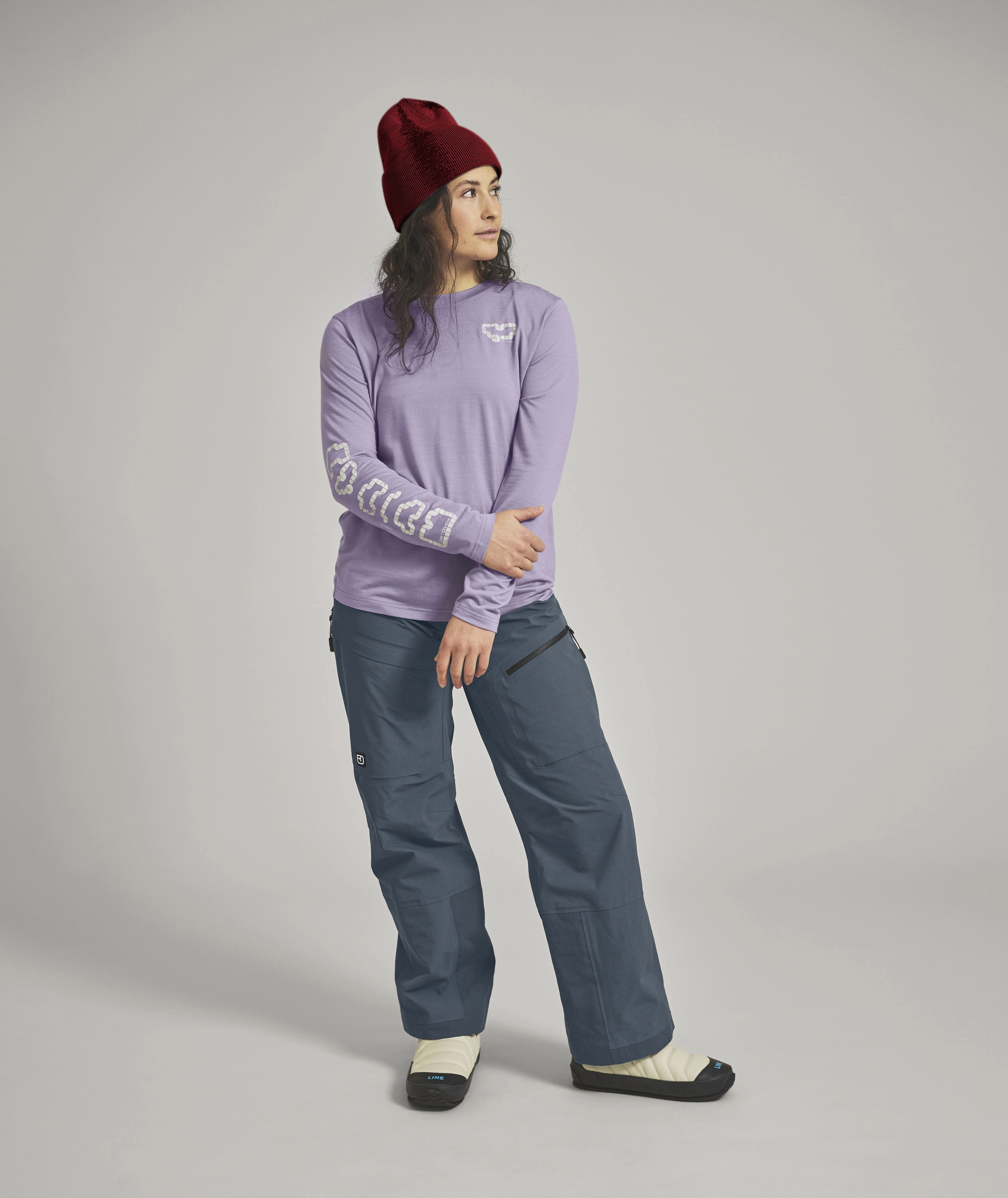 NICHOLSON RIB BEANIE long-sleeve shirt, lavender top, ski pants, beanie, snow boots