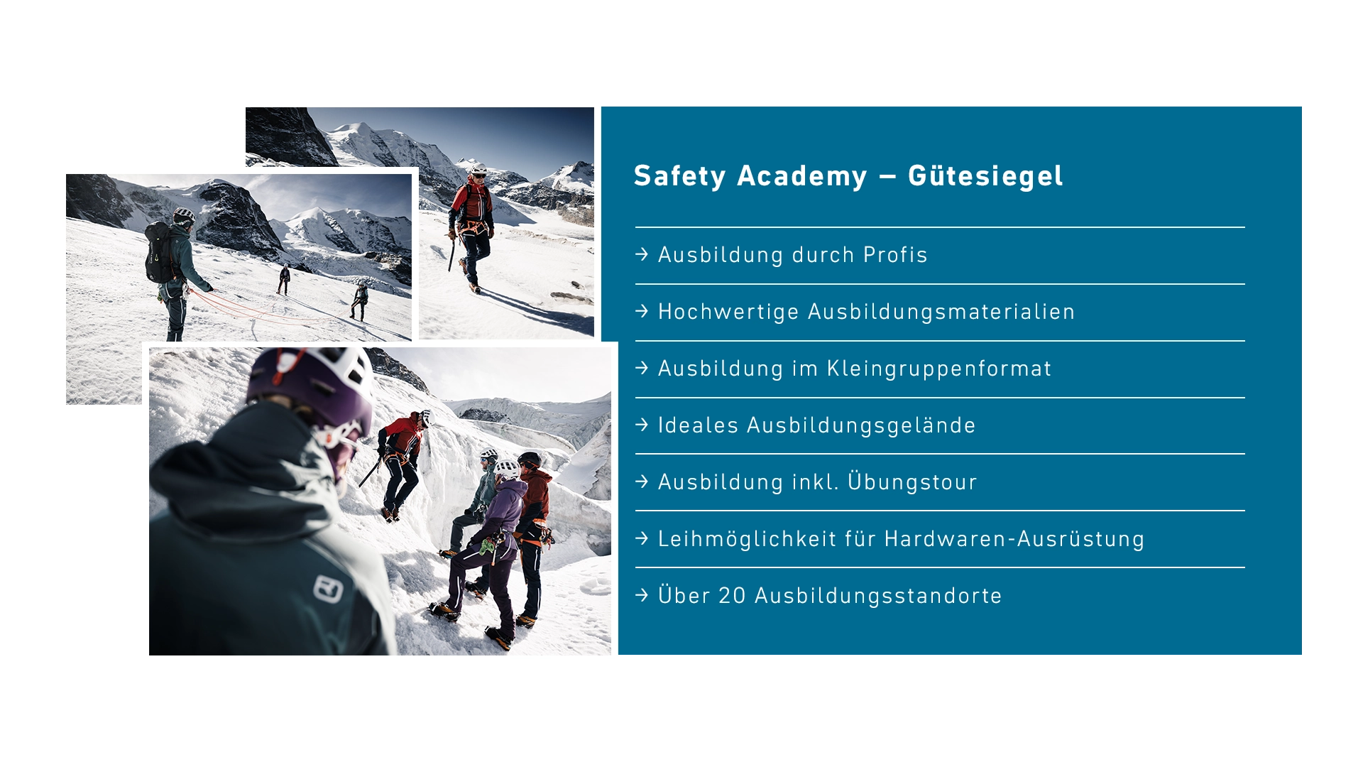 Guetesiegel_Hochtour_DE_1920x1080 mountaineering, snow, climbers, rope, helmet