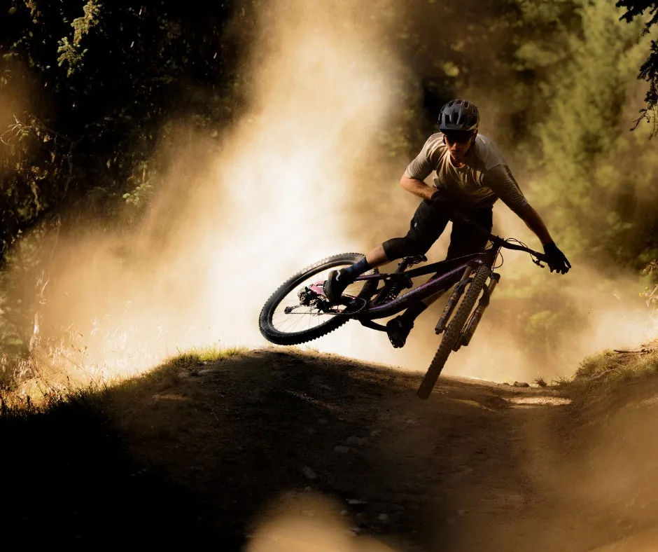 biker, mountain bike, off-road, dust, riding stance