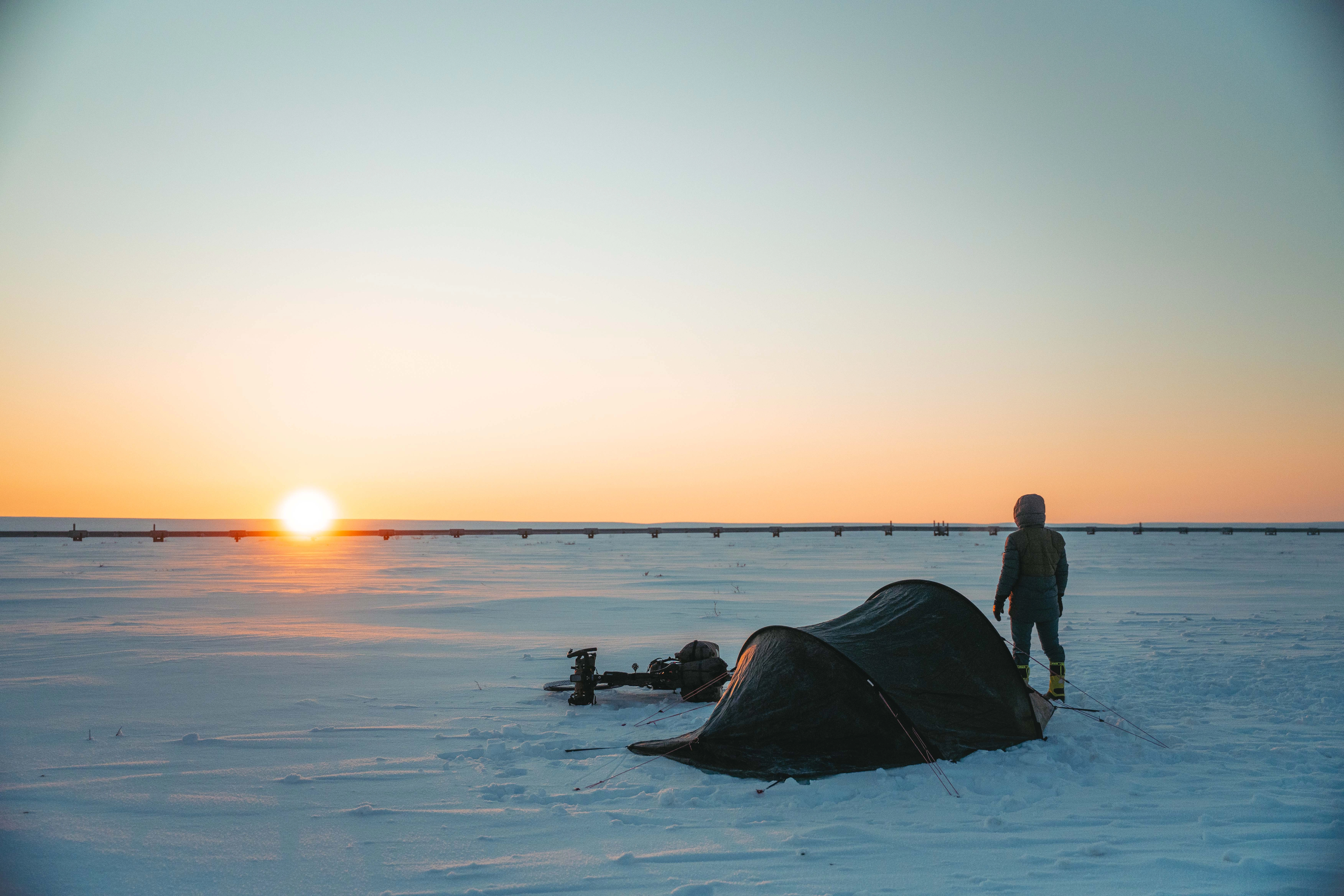 tent, camping, snow, winter, sunrise