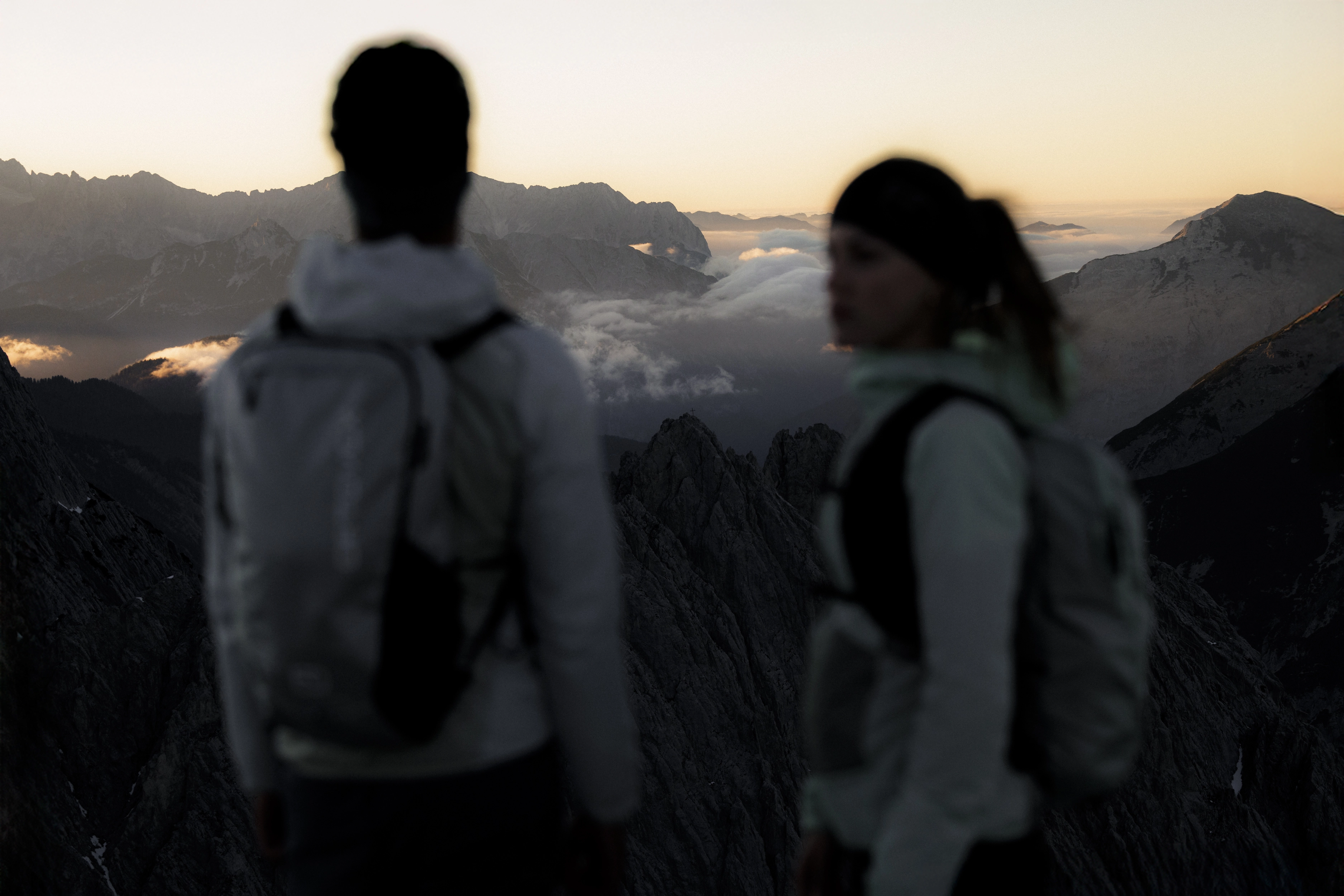 mountain, hikers, sunset, clouds, backpack