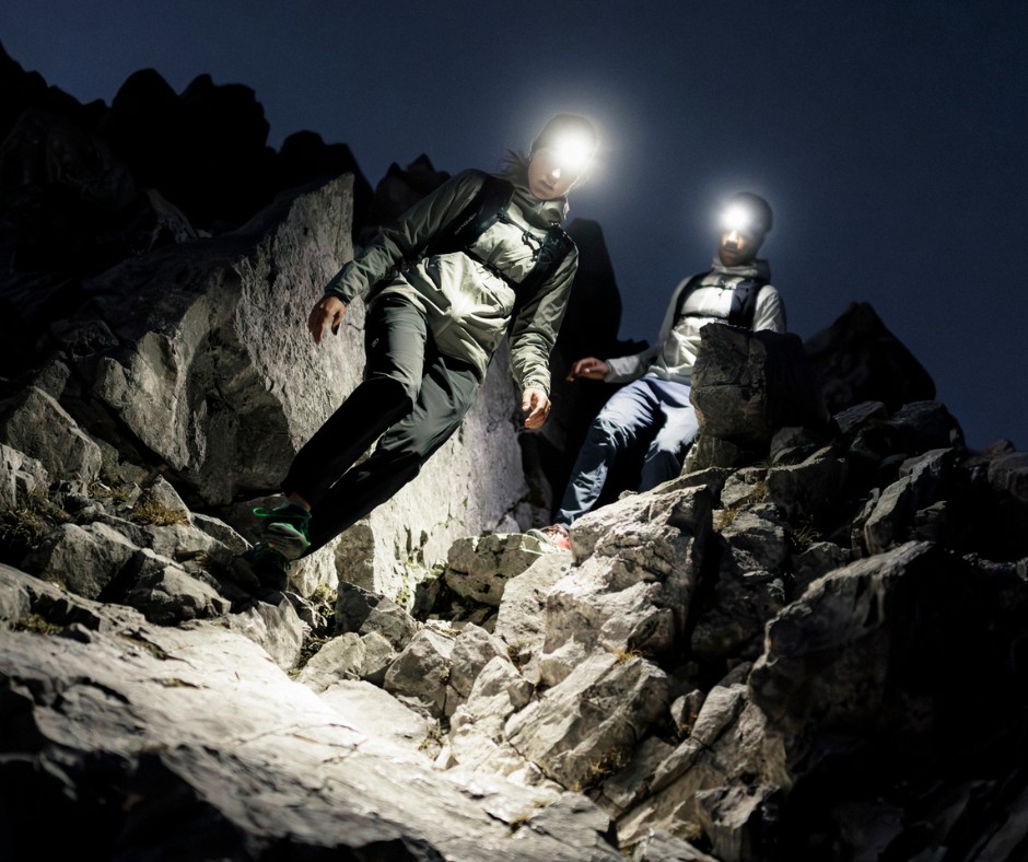 hiking, mountaineering, rocky trail, night hike, headlamp