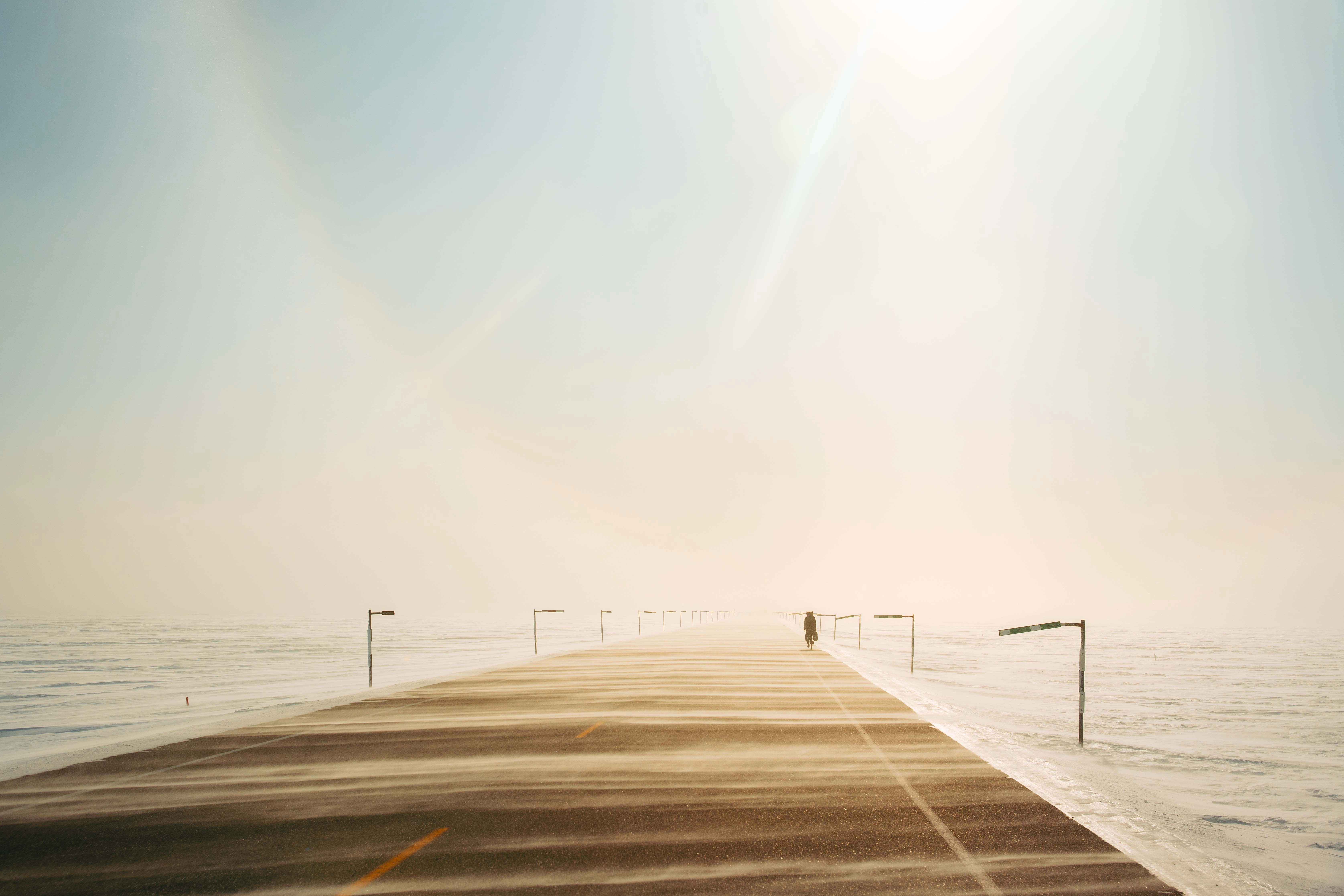 road, pier, sea, vanishing point, sunrise