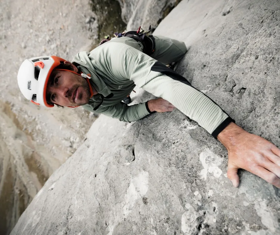 rock climbing, climber, helmet, harness, long-sleeve shirt