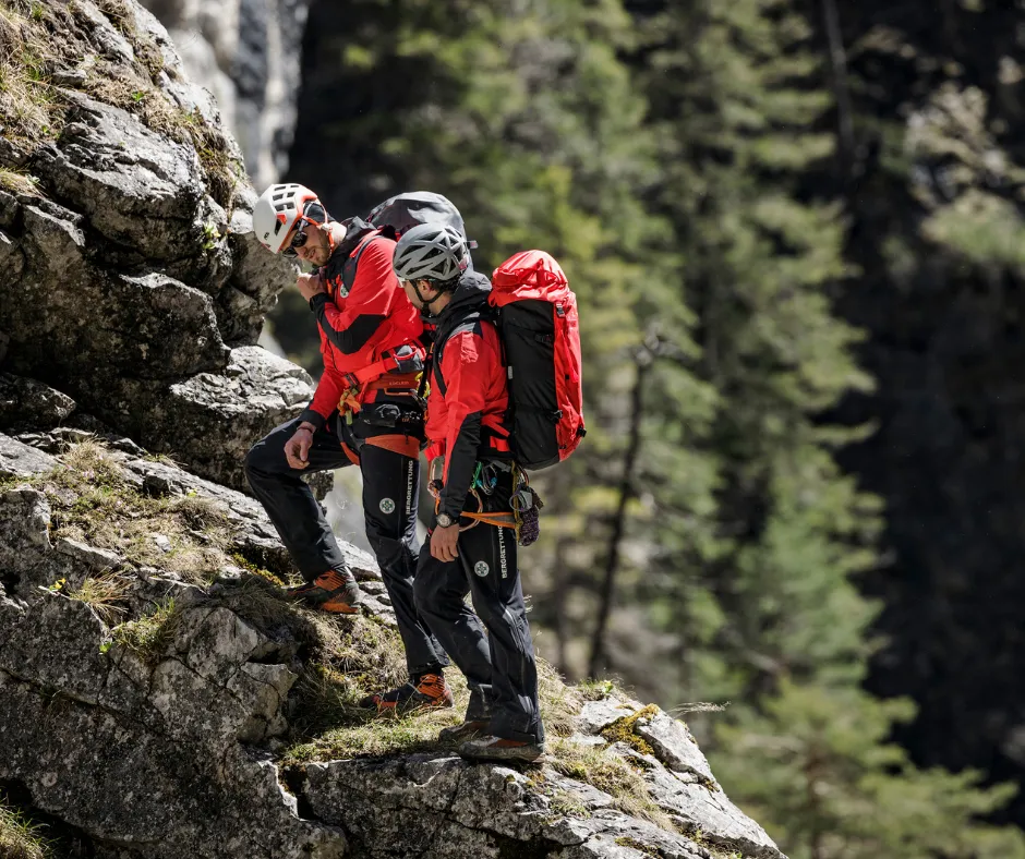 rocky terrain, hikers, backpack, rope gear, climbing