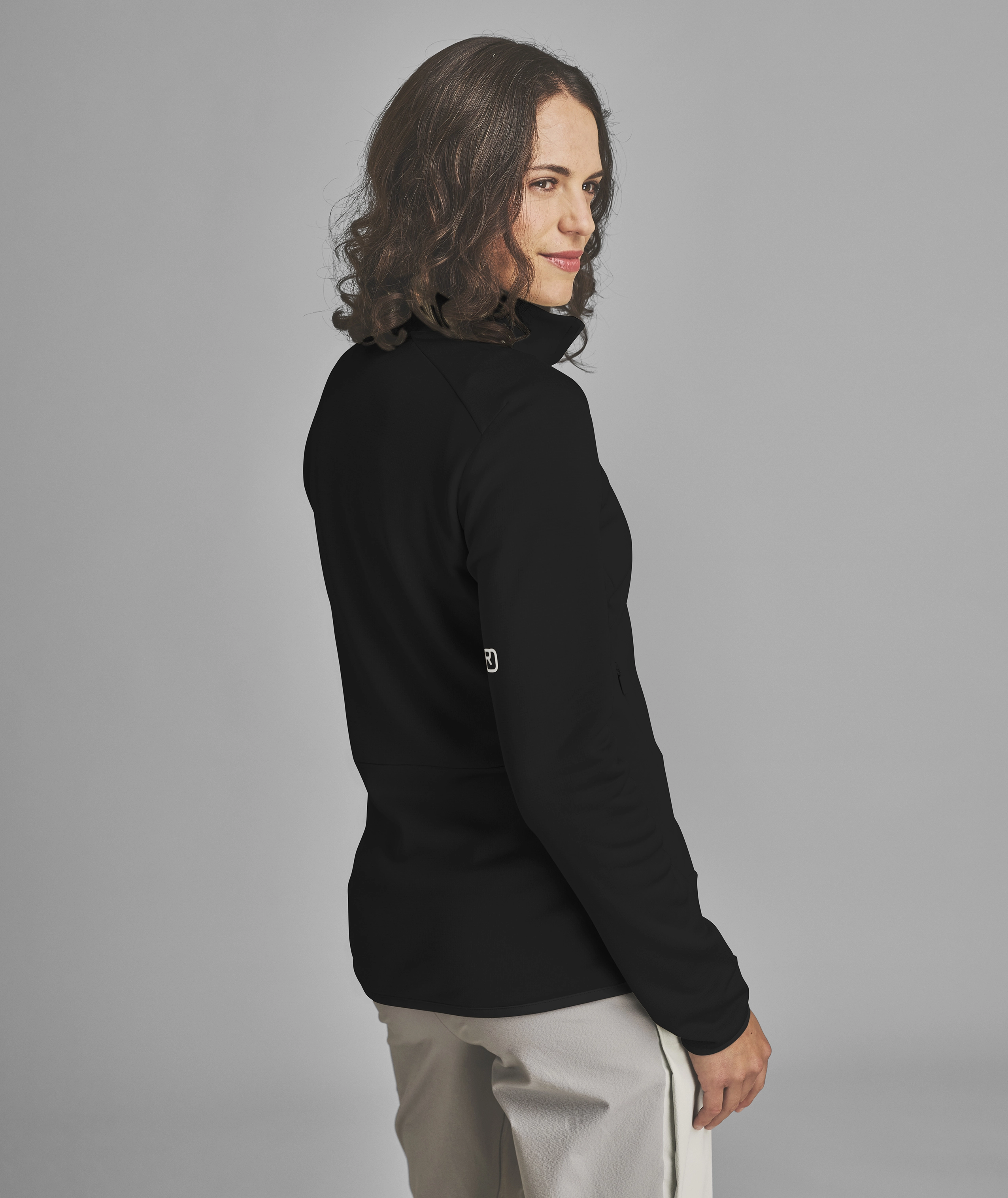 FLEECE LIGHT JACKET W jacket, black, long_sleeve, stand_collar, back_view