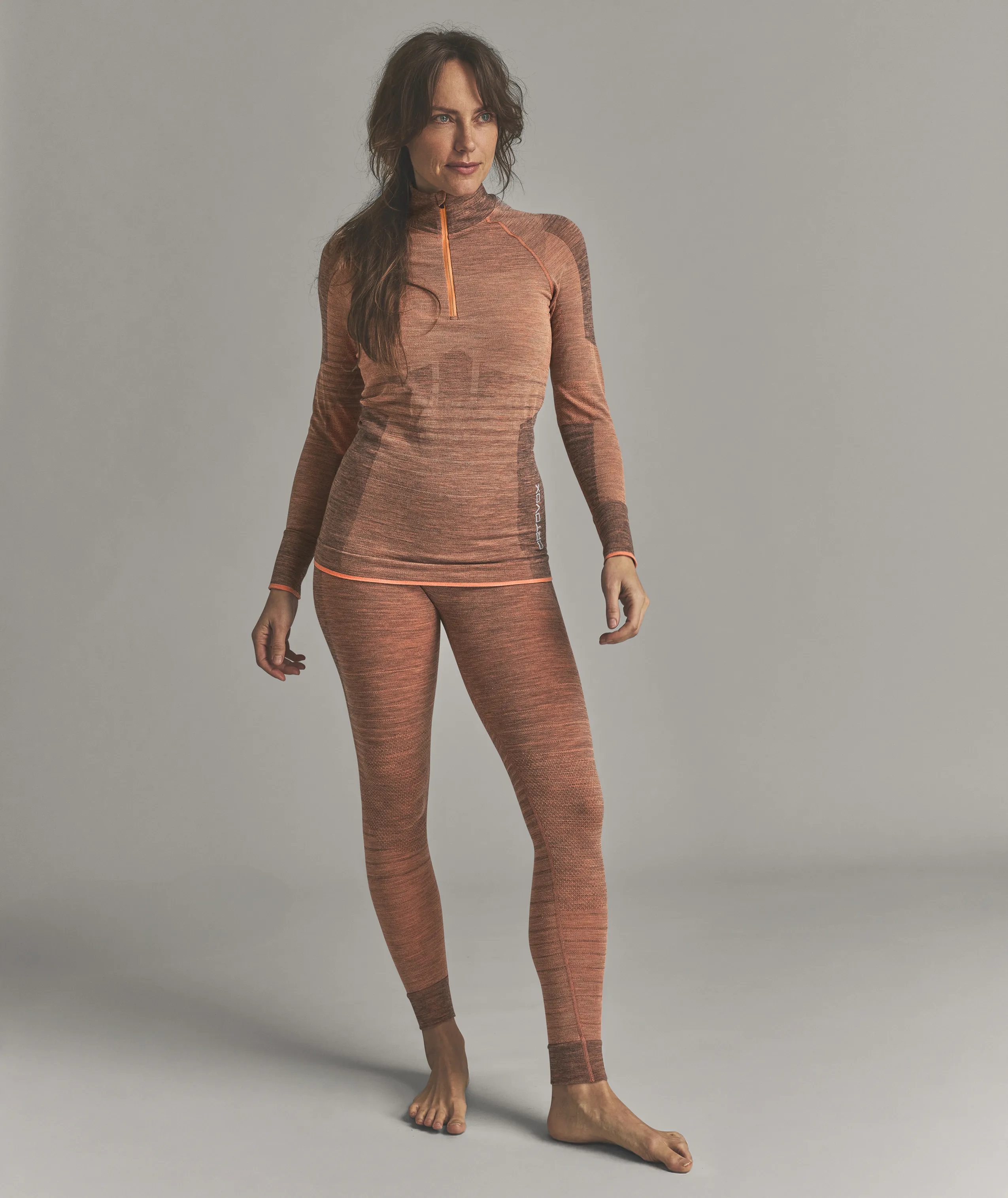 thermal, long-sleeve, onesie, orange-khaki, stretch-fabric