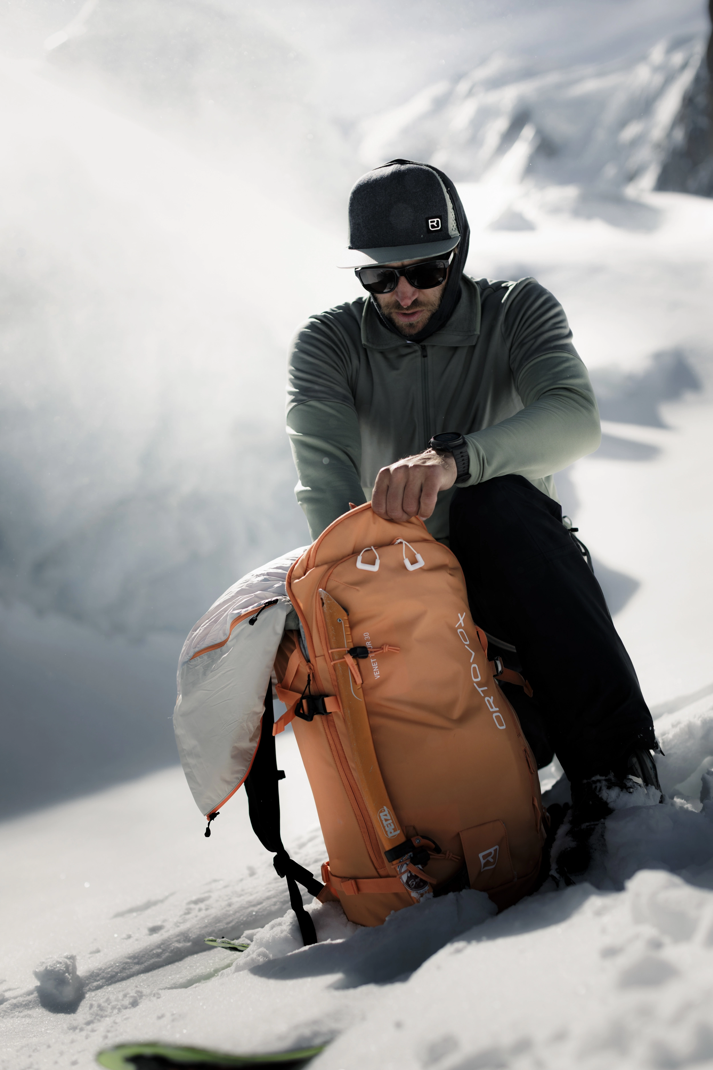 backpack, orange backpack, ski backpack, snow gear, outdoor wardrobe