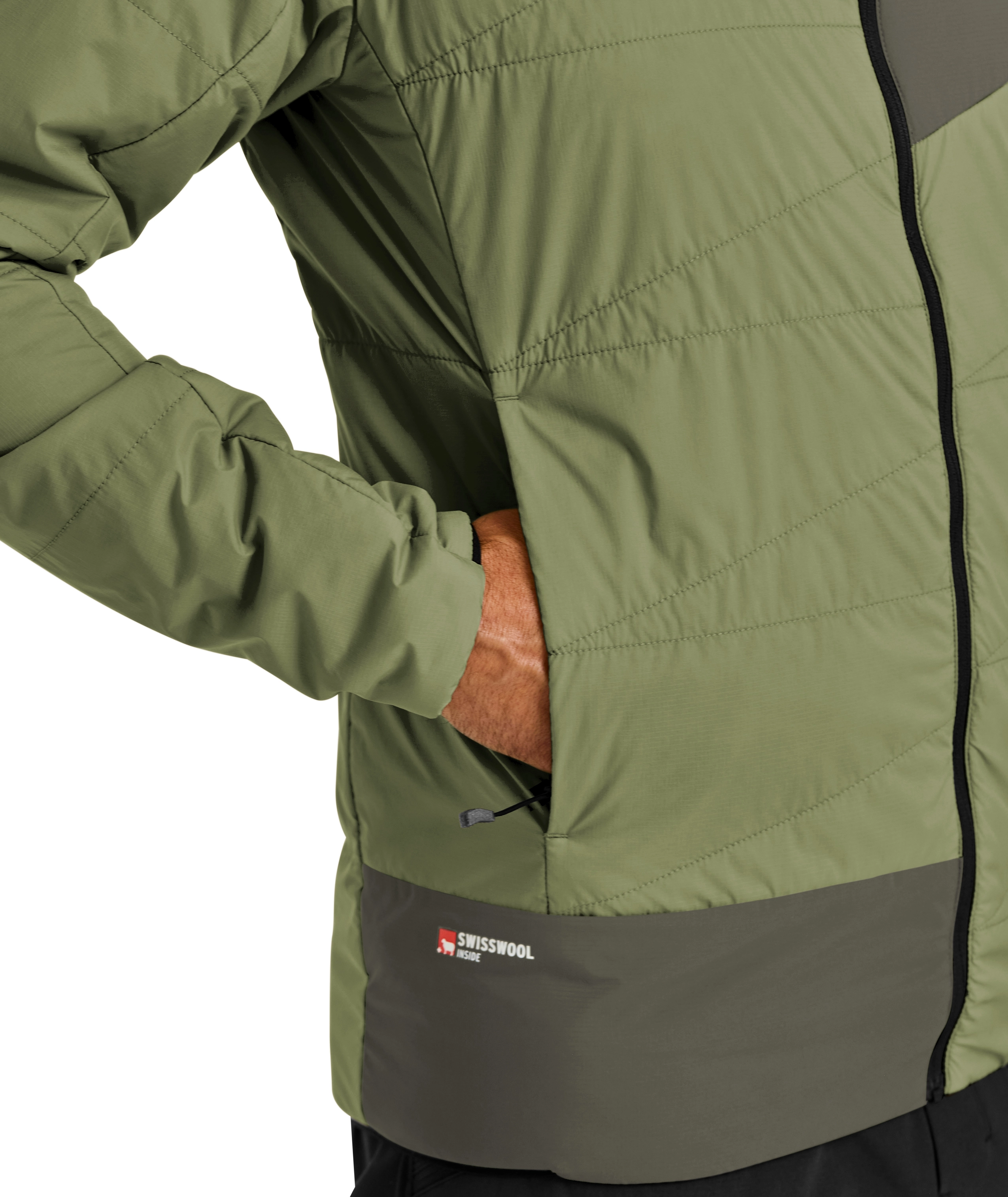 61329-62601-SWISSWOOL_PIZ_DUAN_JACKET_M-D-01.jpg, puffer jacket, olive green, zipper, pocket, two-tone gray panel