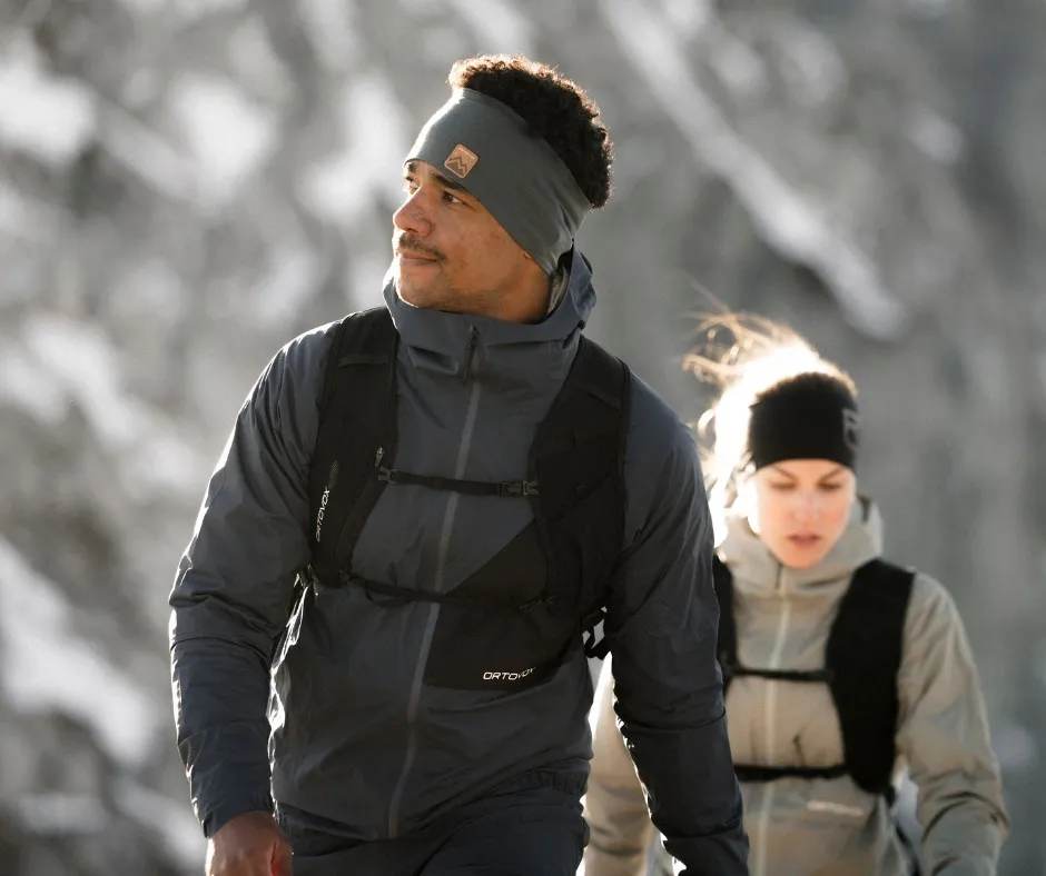 hiking jacket, softshell, headband, backpack, outdoor
