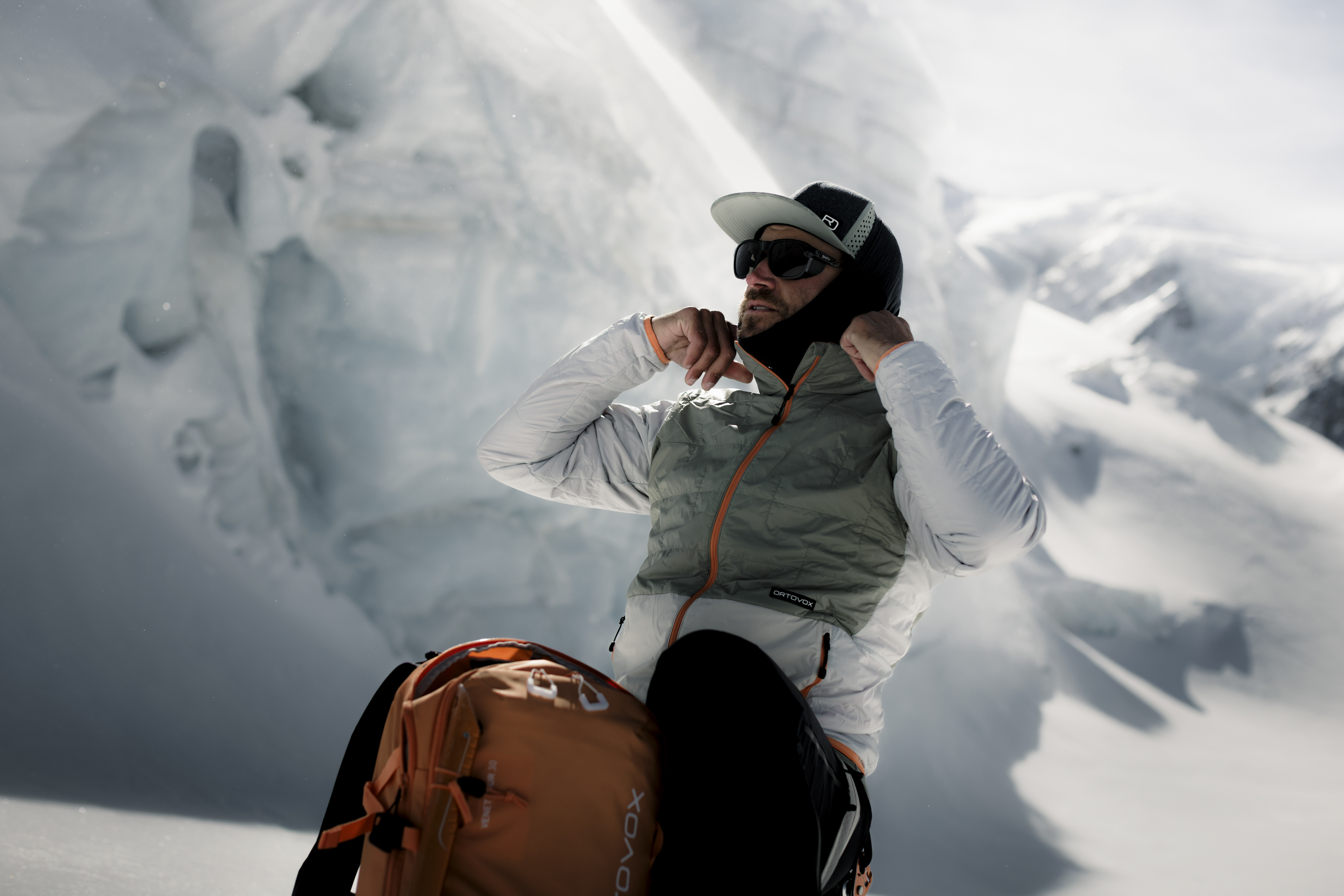snow, mountain, jacket, puffer, backpack