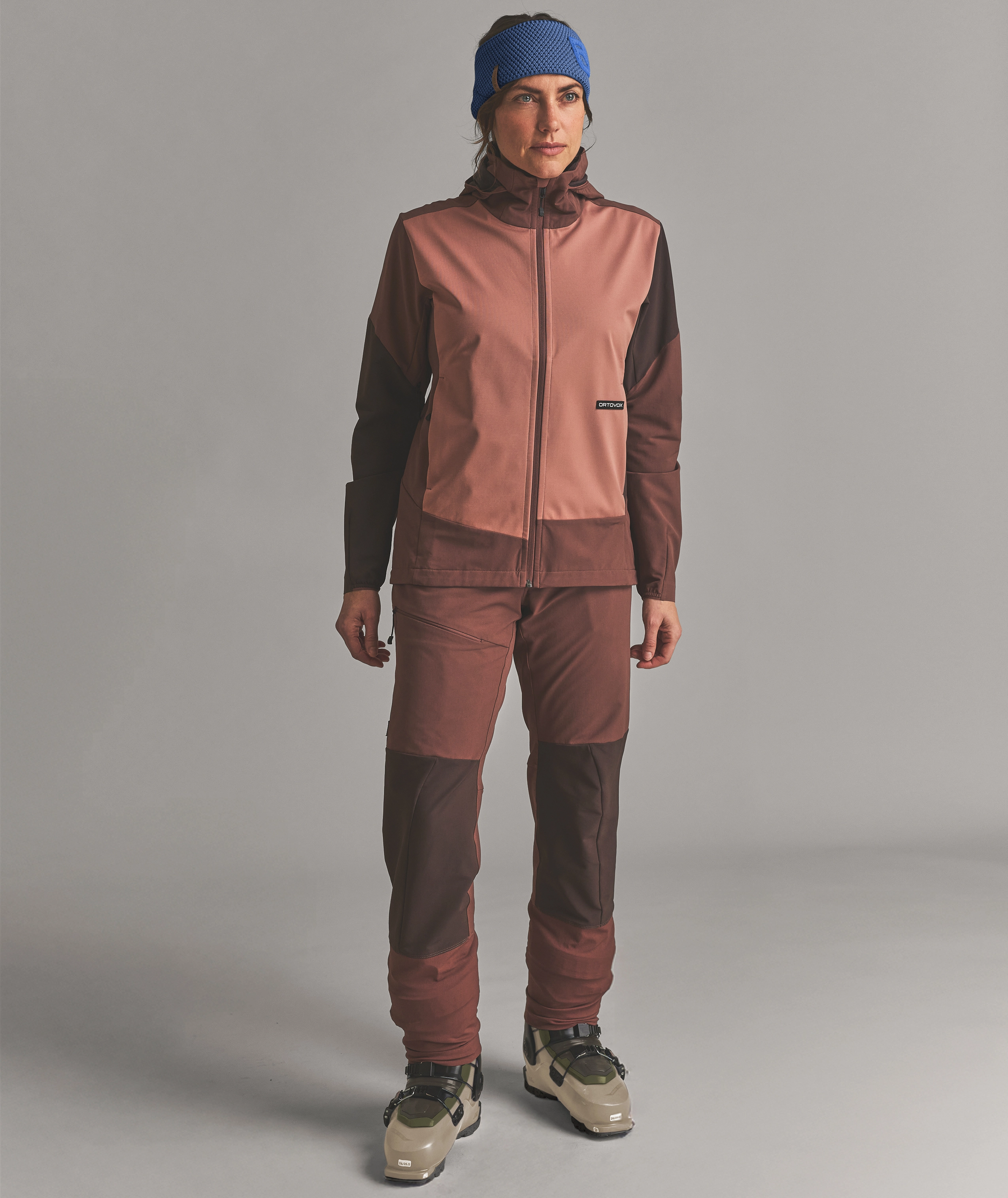 ROCK’N'WOOL HEADBAND ski jacket, softshell, color block, brown, pants set