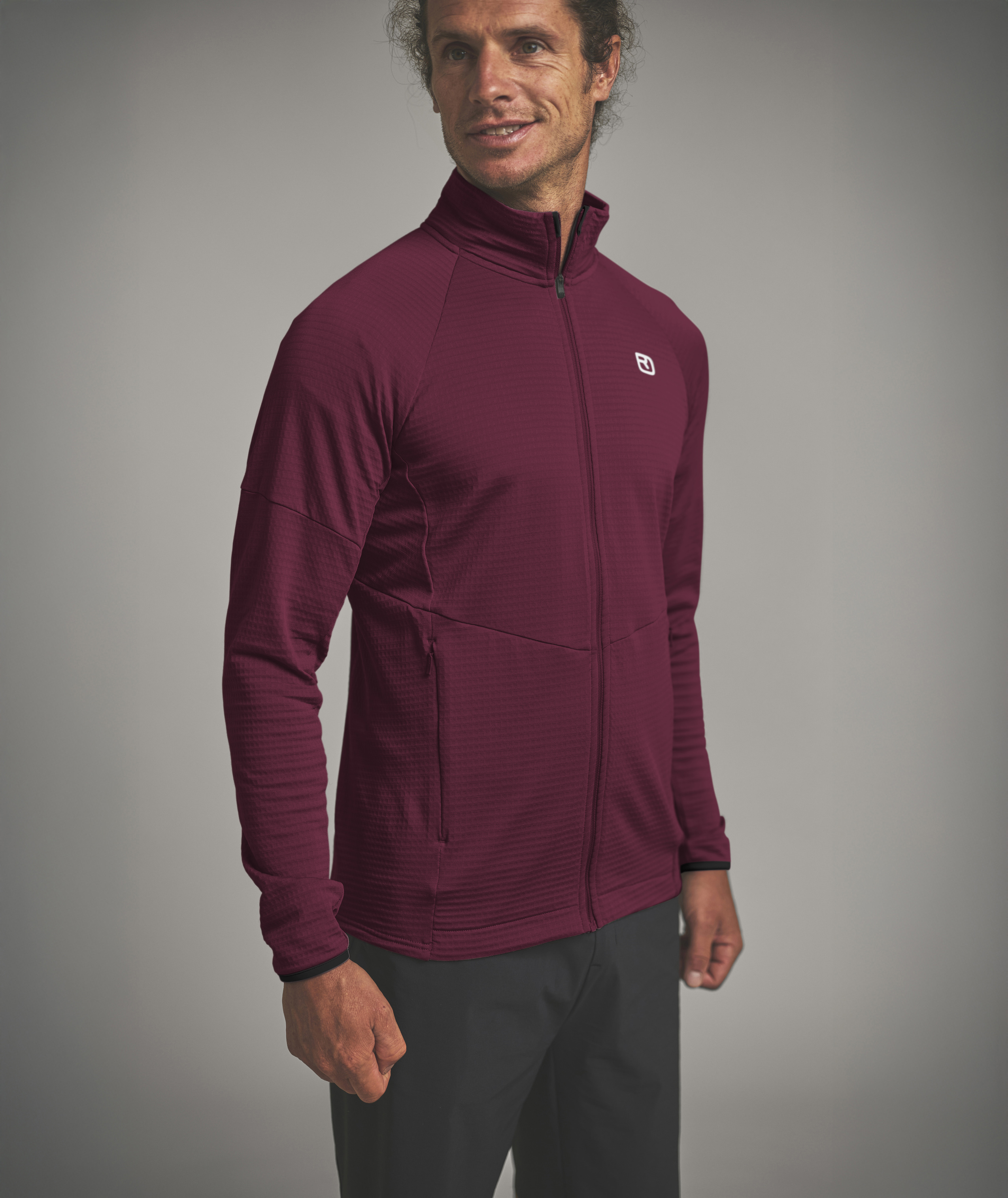 jacket, zip-front, fleece, maroon, long-sleeve