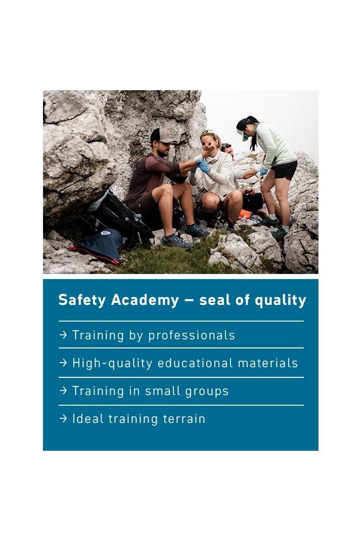 Guetesiegel_AlpineErsteHilfe_EN_Mobile_720x1080 outdoor, hiking, group, rocky terrain, training materials