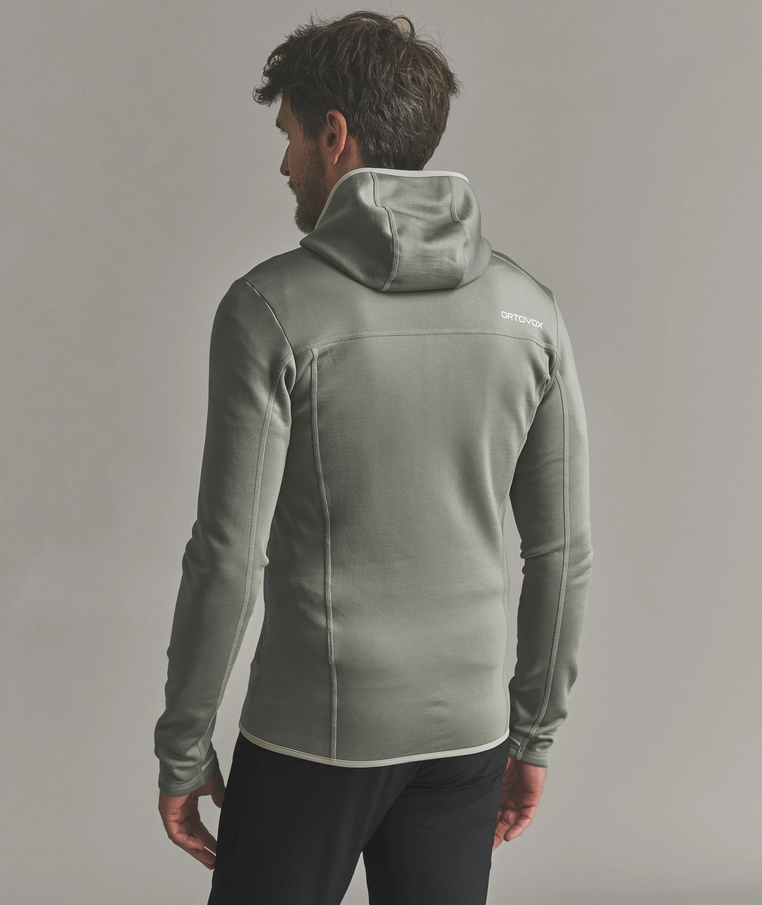 FLEECE HOODY M hoodie, hooded sweatshirt, long-sleeve, back view, green-gray