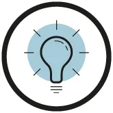 light bulb, blue background, outline icon, circular badge, hand drawn style