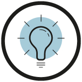 light bulb, blue background, outline icon, circular badge, hand drawn style