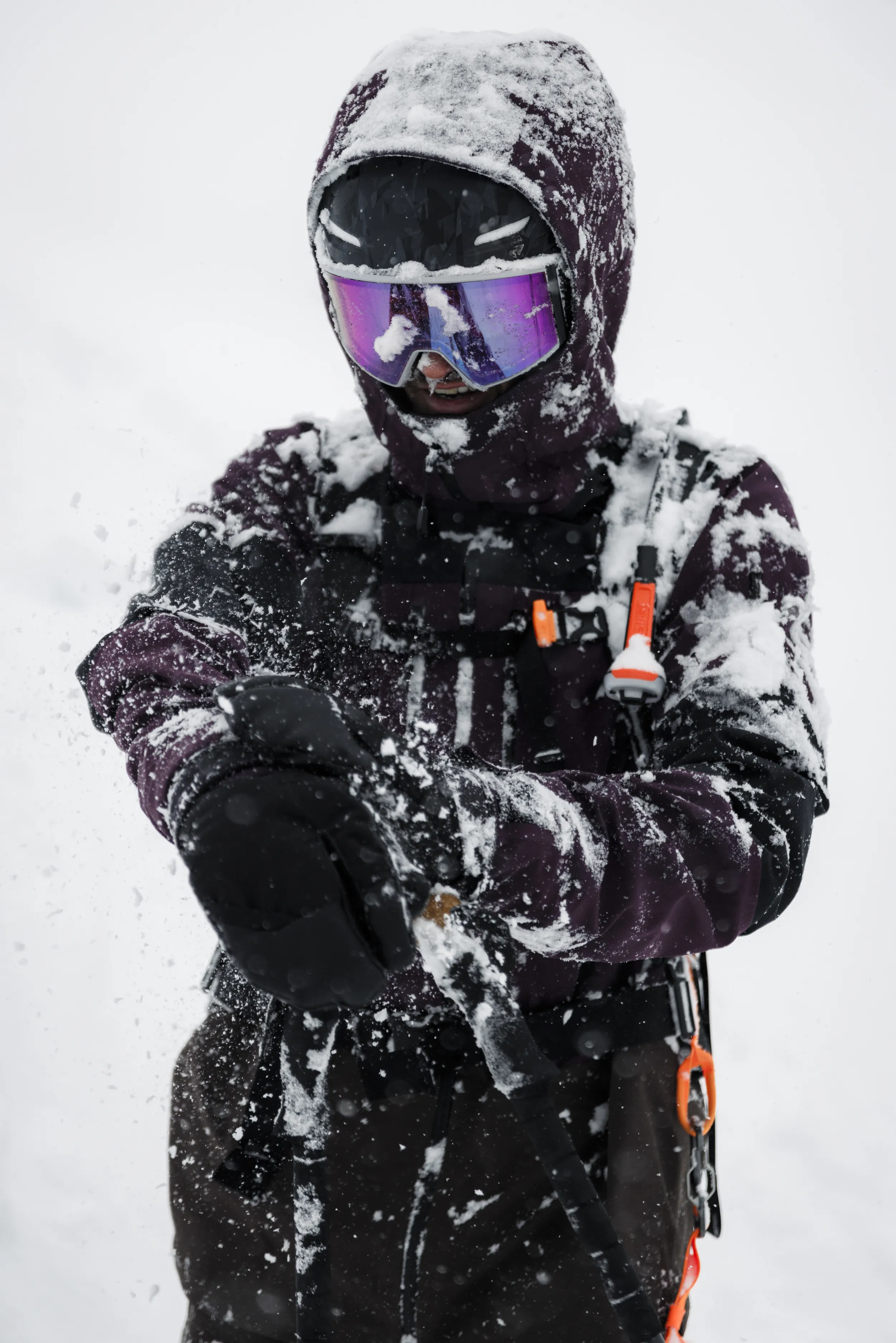 snowboarding, ski-goggles, parka, gloves, harness