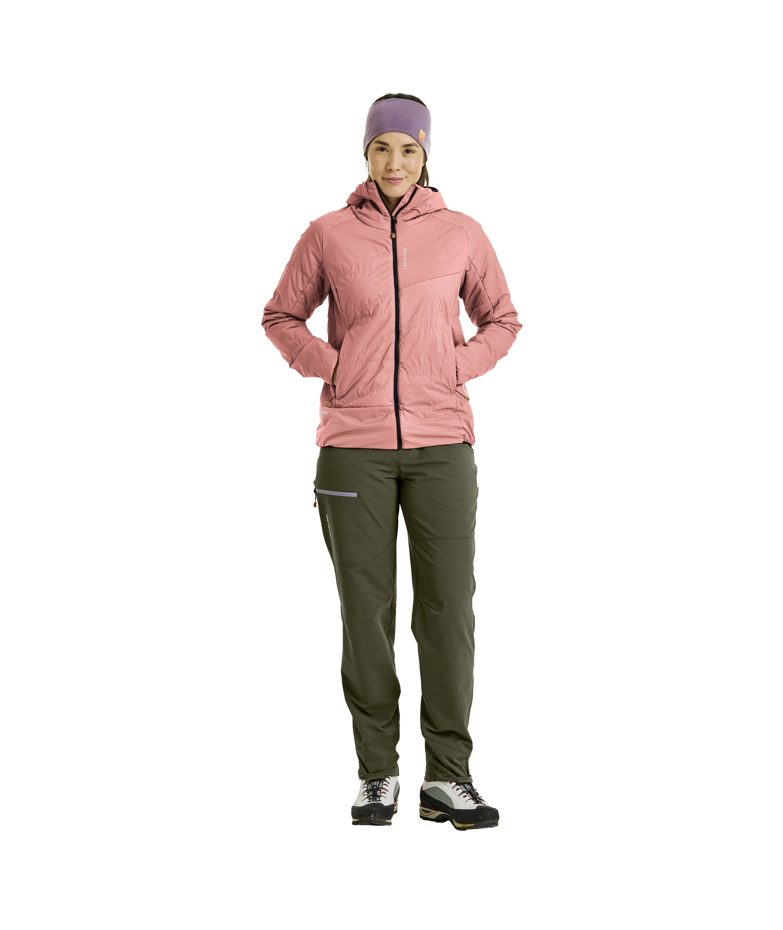 61331-32701-SWISSWOOL_PIZ_DUAN_JACKET_W-M-01_1.jpg, pink jacket, hiking pants, headband, outdoor footwear, full body